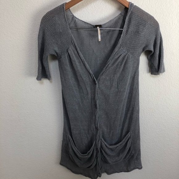 Free People Womens Button Up Cardigan Sweater Gray Short Sleeve Button Up XS/TP - Picture 4 of 10